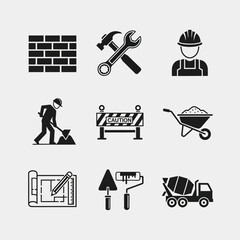 A set of nine black vector icons representing various aspects of the construction and building industry on a light background.