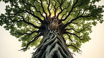 Tree of Life Illustration with Owl Symbolizing Wisdom, Growth, and Connection, Detailed Roots and Branches in Classic Nature Design Representing Knowledge, Strength, and Interconnectedness of Life.