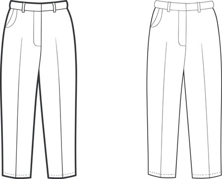 Technical fashion illustration of men's trousers front view, flat sketch, garment design, apparel template, vector drawing for clothing production and pattern making