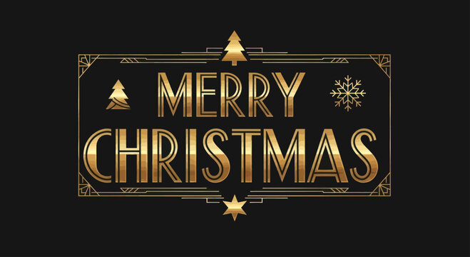 An elegant 'Merry Christmas' greeting in a golden Art Deco style with a decorative frame on a dark background.