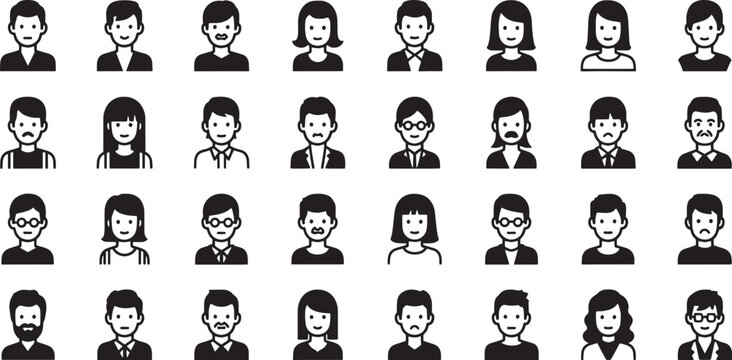 Diverse set of stylized black and white human face icons for user profiles and avatars