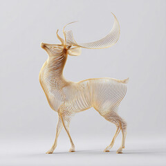 Golden stag sculpture with flowing lines stands majestically in a minimalist studio environment, representing elegance and nature.