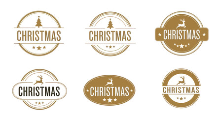 A collection of six vintage-style Christmas emblems featuring festive icons like trees and reindeer, each with the word 