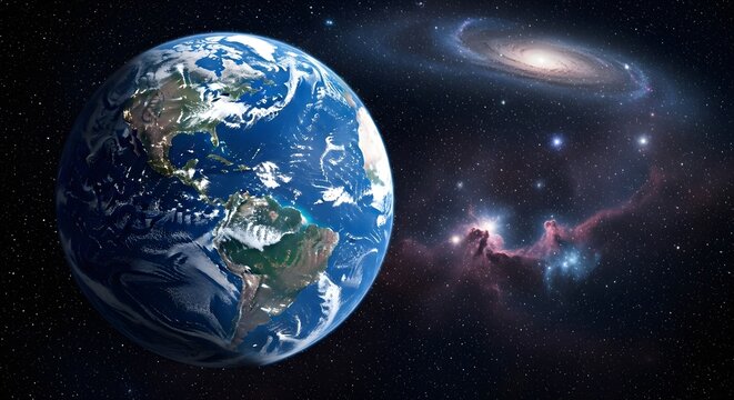 Photo of the earth clearly completely round completely in outer space with a busy galaxy background of lights and stars colored blue yellow orange and other galaxy decorations