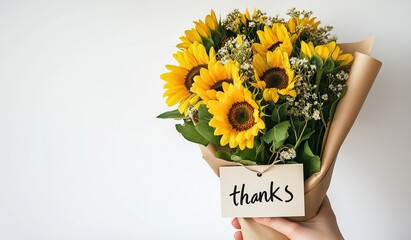 A hand holding a bouquet of sunflowers wrapped in brown paper with a card that says thanks on a white background