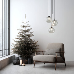 Cozy winter scene with a decorated evergreen tree and comfortable armchair near a bright window.