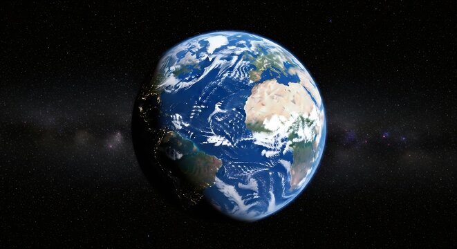 Photo of the earth clearly completely round completely in outer space with a busy galaxy background of lights and stars colored blue yellow orange and other galaxy decorations - Powered by Adobe