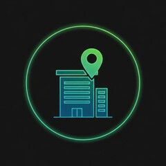 Neon building and location pin in a circle illustration on black background