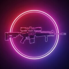 Neon illuminated rifle design within circular frame on dark background