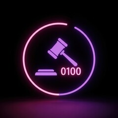 Neon gavel symbol inside circle with digital numbers on dark background