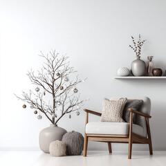 Cozy winter living room scene with minimalist decor and a small decorated tree for the holidays.