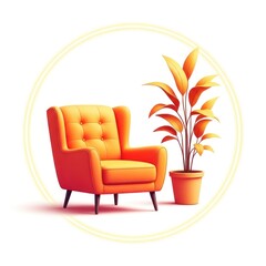 Orange armchair and houseplant illustration within a circular frame