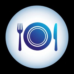 Plate fork and knife icon within a blue circle design against black background