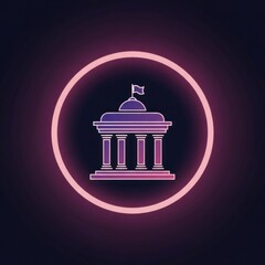 Neon illustration of a government building with flag inside a circle
