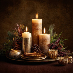 Warm glowing candlelight illuminates a festive winter holiday still life with natural pinecones and golden accents.
