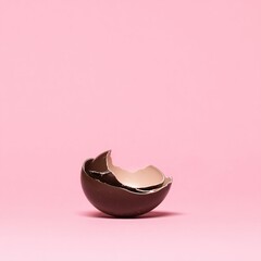 Fototapeta premium Broken chocolate egg on simple pink minimalist background.