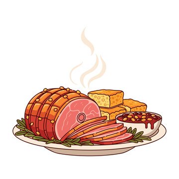 Glazed ham with cornbread and baked beans - a classic holiday menu item, Southern cuisine branding and family dinner graphics