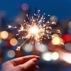 Hand holding a sparkling firework against a blurred backdrop of city lights during a festive evening celebration.