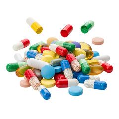 Vibrant assortment of colorful pills and capsules scattered, offering healthcare and wellness inspiration