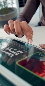 Tablet screen, web development and hands of business person in office for mobile prototype. Digital technology, UX and scroll with creative interface planning for UI design on website in workplace