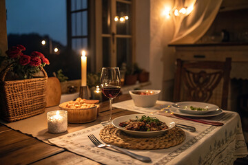 Dinner table set for two with candles and wine