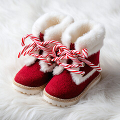Festive red winter boots decorated with candy canes rest on a soft white faux fur background for holiday cheer.