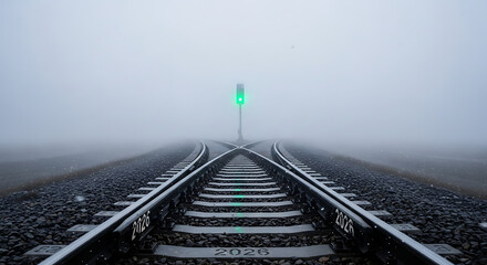 Train tracks merging into the fog with a green traffic light