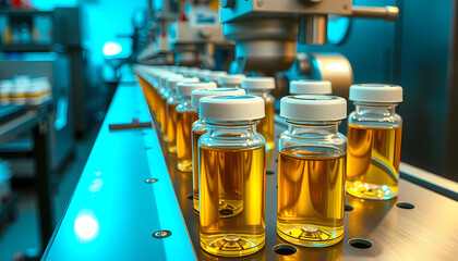 Industrial bottling process of amber liquid in sterile environment with clear glass vials on conveyor belt Generative AI