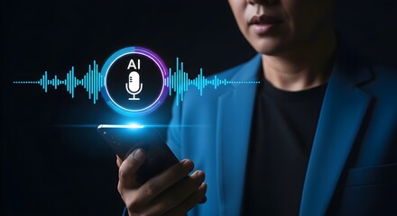 Person using a smartphone with an AI voice assistant interface displayed, showing a microphone icon and sound waves.