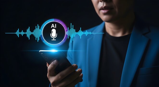 Person using a smartphone with an AI voice assistant interface displayed, showing a microphone icon and sound waves.