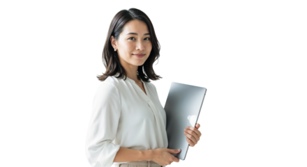 Confident woman holding a laptop in a bright, modern workspace setting during the daytime