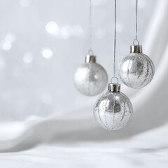 Delicate silver ornaments gently hang against a softly blurred winter holiday background creating a peaceful atmosphere.