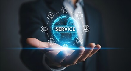 Businessman holds a glowing digital globe with the word "SERVICE" surrounded by icons, representing global customer support and technology solutions.