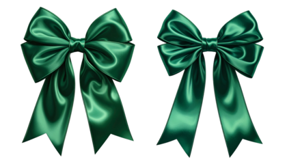 Emerald green holiday bow set luxury satin decor, isolated on transparent background