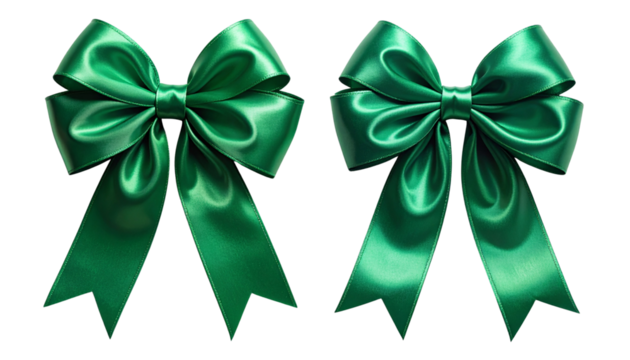 Emerald green satin ribbon bow duo festive decoration, isolated on transparent background
