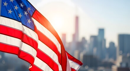 Close up photo of the united states flag waving during the day in bright sunlight with a background of tall buildings