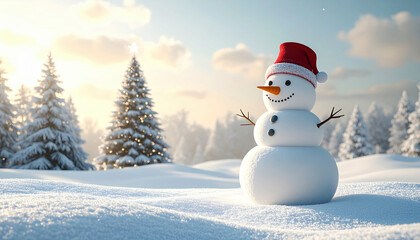 Fototapeta premium Cheerful snowman with red Santa hat stands in snowy landscape, surrounded by snow covered trees under bright sky