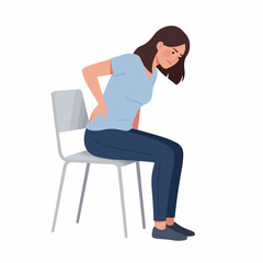 Flat Illustration Young Woman Suffering from Back Pain on Chair