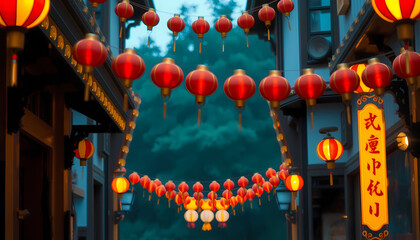 Colorful lanterns illuminate a traditional street in an ancient town during the evening, creating a vibrant and festive atmosphere Generative AI