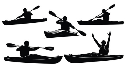 Silhouettes of kayakers in various poses on the water surface