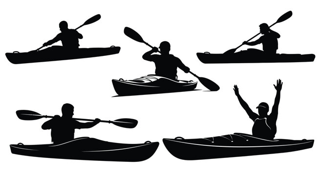 Silhouettes of kayakers in various poses on the water surface