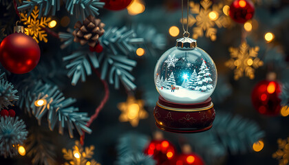 Decorative snow globe featuring a winter scene with snowflakes and pine trees during the holiday season Generative AI