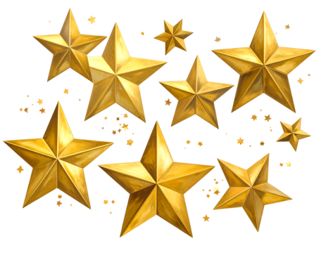 A cluster of eight golden, five-pointed stars on a black background, with subtle glowing effects. Different sizes create depth