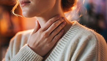 Woman's hand gently touching throat close up of neck and sweater closeup