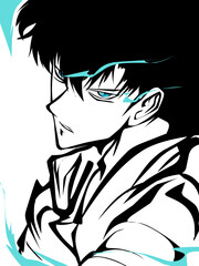 Intense anime boy with black hair and glowing cyan eyes.