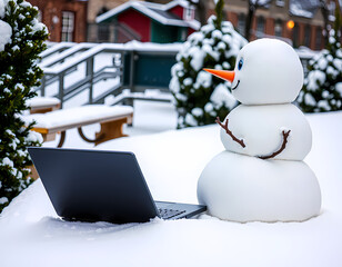 Snowman with a laptop sits in a winter scene on a snowy day surrounded by evergreen plants and buildings in the background Generative AI