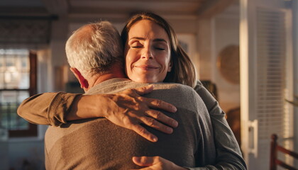 A woman joyfully embraces an elderly man in a warm sunlit interior hug
