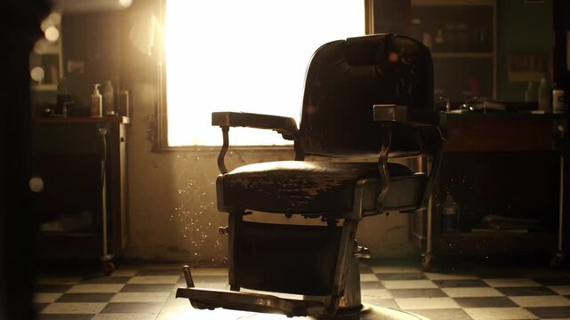 Antique barber chair, empty, backlit by sunlight, in old shop interior, for nostalgia concept