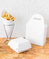White Takeout Packaging Mockup with French Fries and Burger Box