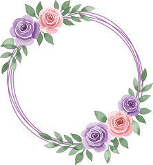 Elegant watercolor floral wreath with pink and purple roses